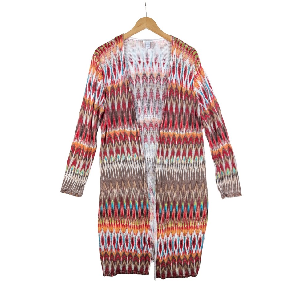 Chicos Jackpot Aztec Print Linen Duster Cardigan size 3‎ (XL) Red/Brown/Orange